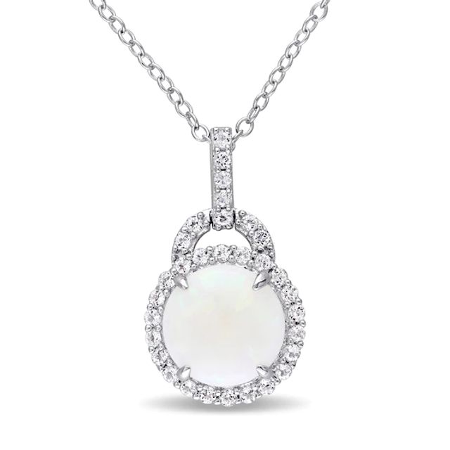 9.0mm Cabochon Opal and White Topaz Frame Doorknocker Pendant in Sterling Silver