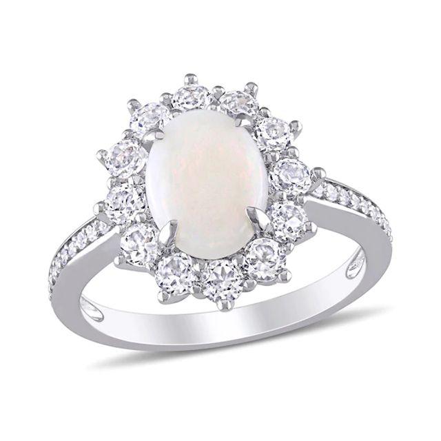 Oval Opal, White Topaz and 1/10 CT. T.w. Diamond Starburst Frame Ring in Sterling Silver