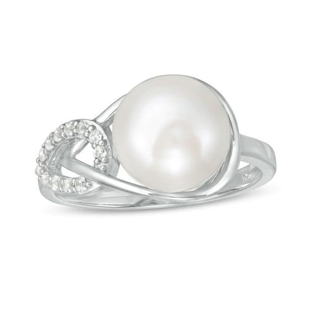 9.0-10.0mm Button Freshwater Cultured Pearl and White Topaz Interlocking Double Loop ring in Sterling Silver