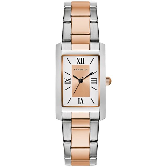 Ladies' Caravelle by Bulova Two-Tone Watch with Rectangular Rose-Tone and White Dial (Model: 45L187)