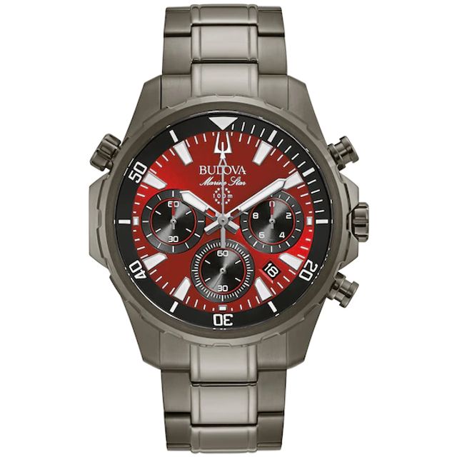 Men's Bulova Marine Star Grey IP Chronograph Watch with Red Dial (Model: 98B350)