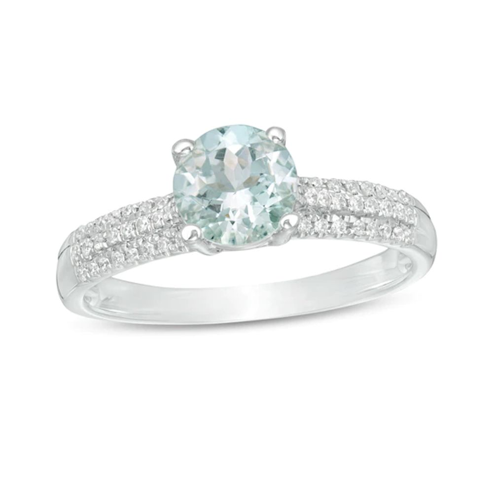 6.0mm Aquamarine and 1/6 CT. T.w. Diamond Triple Row Ring in 10K White Gold