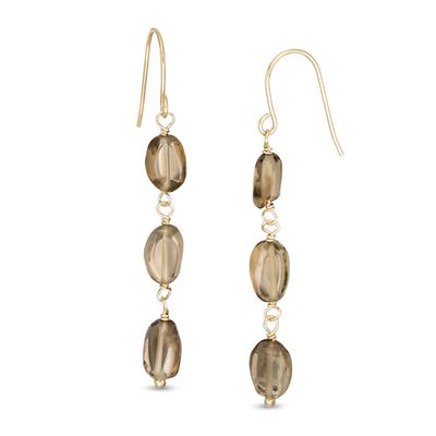 Oval Smoky Quartz Bead Triple Drop Earrings in 10K Gold