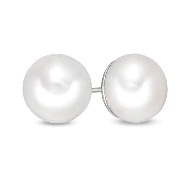 11.0-12.0mm Button Cultured Freshwater Pearl Stud Earrings in Sterling Silver
