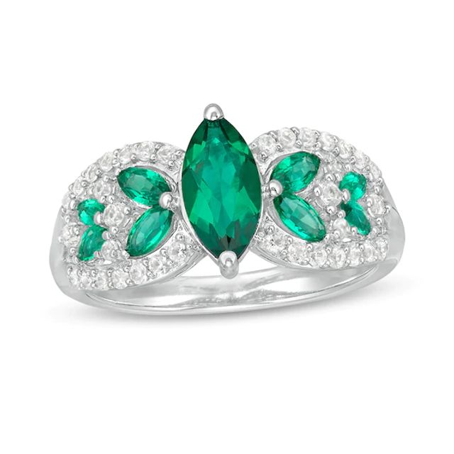 Marquise Lab-Created Emerald and White Sapphire Leaf-Sides Loop Shank in Sterling Silver