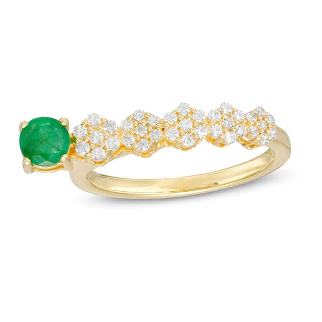 4.5mm Emerald and White Sapphire Floral Cluster Bar Ring in 10K Gold