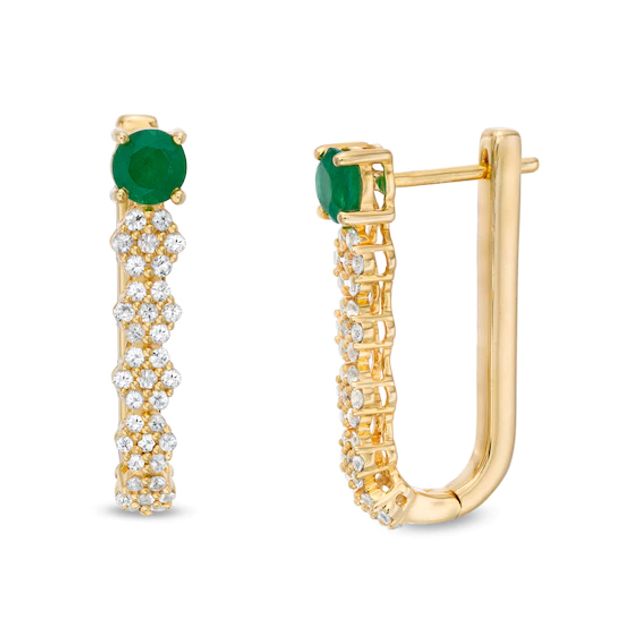 4.5mm Emerald and White Sapphire Floral Cluster Linear Drop Earrings in 10K Gold