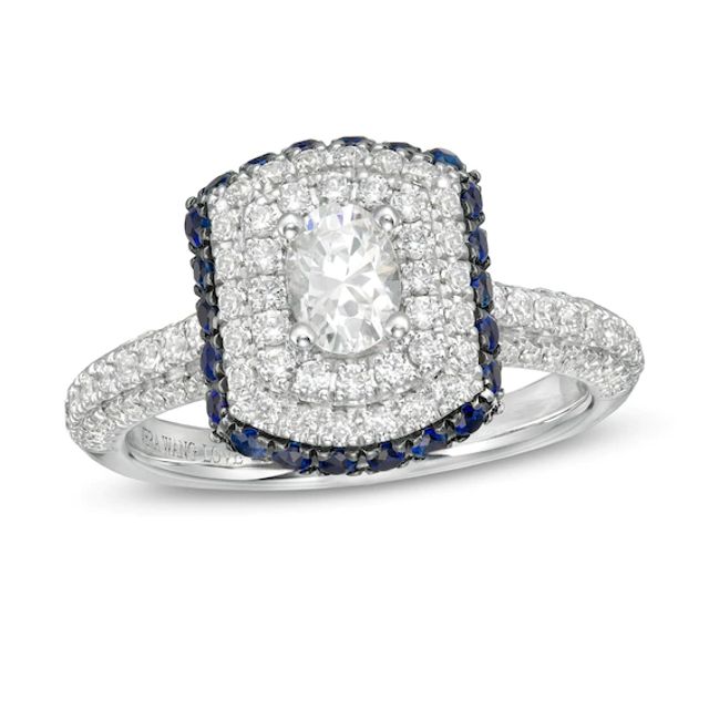 Vera Wang Love Collection 1 CT. T.w. Oval Diamond and Blue Sapphire Triple Frame Engagement Ring in 14K White Gold