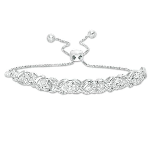 1/10 CT. T.w. Diamond Cascading Infinity with Flowers Bolo Bracelet in Sterling Silver - 9.5"