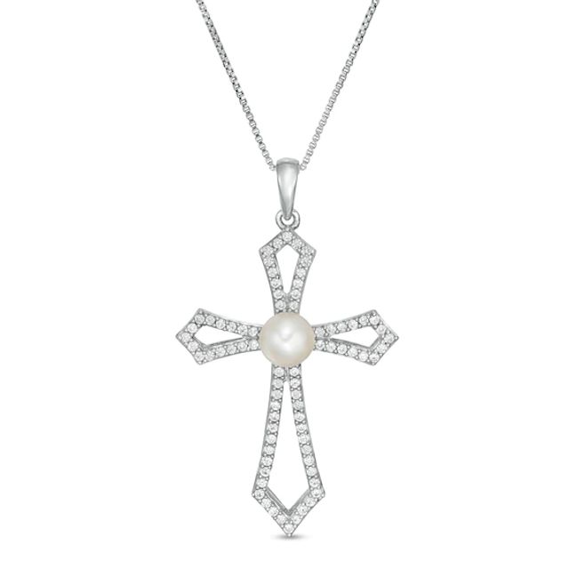 5.0mm Freshwater Cultured Pearl and Lab-Created White Sapphire Gothic-Style Cross Pendant in Sterling Silver