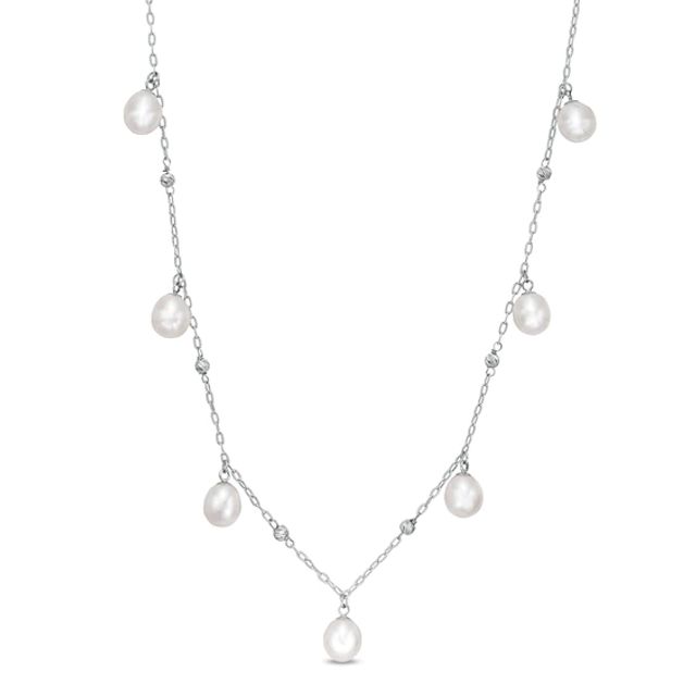7.0-7.5mm Baroque Freshwater Cultured Pearl Dangle and Brilliance Bead Alternating Station Necklace in Sterling Silver
