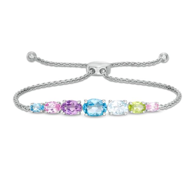 Sideways Oval Multi-Gemstone Graduated Seven Stone Bolo Bracelet in Sterling Silver - 9.25"