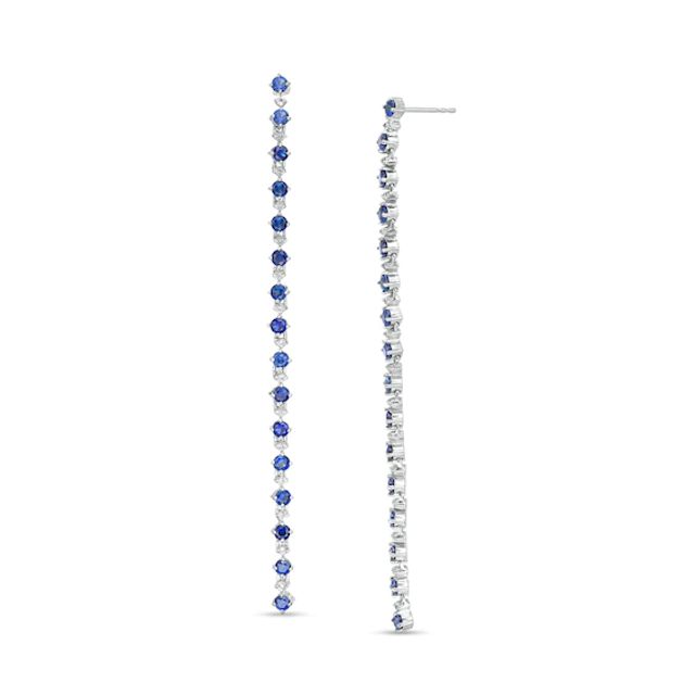 Lab-Created Blue and White Sapphire Alternating Linear Drop Earrings in Sterling Silver