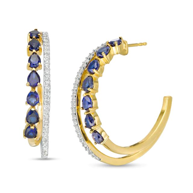 Pear-Shaped Lab-Created Blue and White Sapphire Double Row Split J-Hoop Earrings in Sterling Silver with 14K Gold Plate