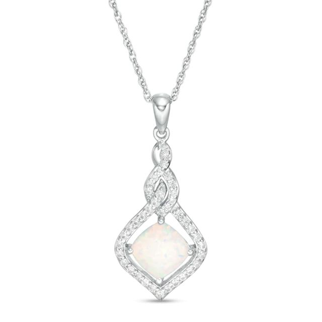 7.0mm Cushion-Cut Lab-Created Opal and White Sapphire Cascading Open Flame Pendant in Sterling Silver