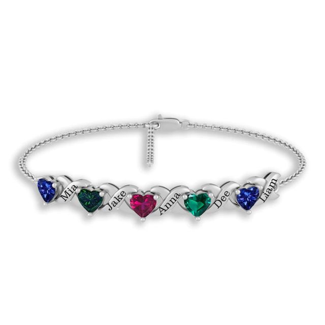 Heart-Shaped Birthstone Engravable Cascading Bracelet (5 Stones and Names)