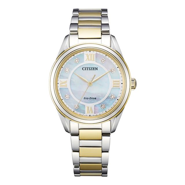 Ladies' Citizen Eco-DriveÂ® Arezzo Diamond Accent Two-Tone Watch with Mother-of-Pearl Dial (Model: Em0874-57D)