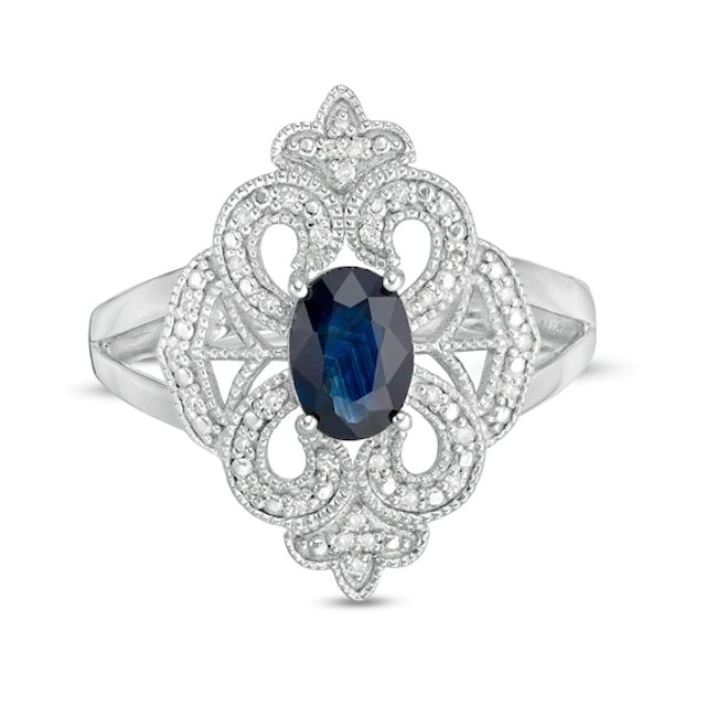 Oval Blue Sapphire and 1/10 CT. T.w. Diamond Vintage-Style Split Shank Ring in Sterling Silver