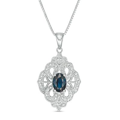 Oval Blue Sapphire and 1/10 CT. T.w. Diamond Vintage-Style Drop Pendant in Sterling Silver