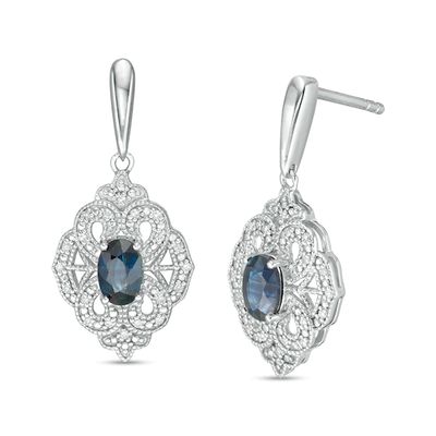 Oval Blue Sapphire and 1/15 CT. T.w. Diamond Vintage-Style Drop Earrings in Sterling Silver