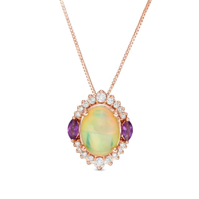 Captivating Color Oval Opal, Amethyst and 1/6 CT. T.w. Diamond Ornate Border Three Stone Pendant in 14K Rose Gold