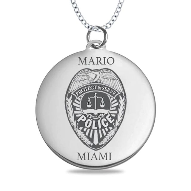 Engravable Police Shield Disc Pendant in Sterling Silver (1-5 Lines)