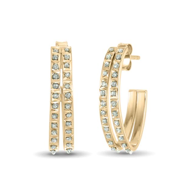 Diamond Fascinationâ¢ 20.0mm Split Double Row J-Hoop Earrings in Sterling Silver with 18K Gold Plate