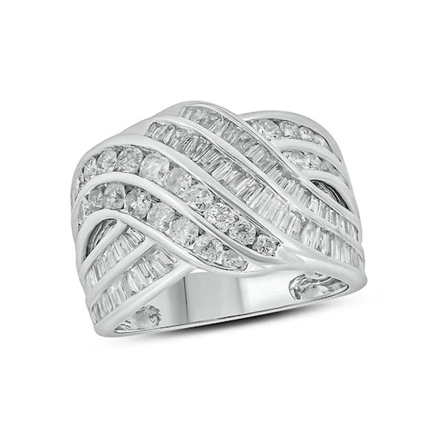 2 CT. T.w. Baguette and Round Diamond Multi-Row Bypass Ring in 10K White Gold