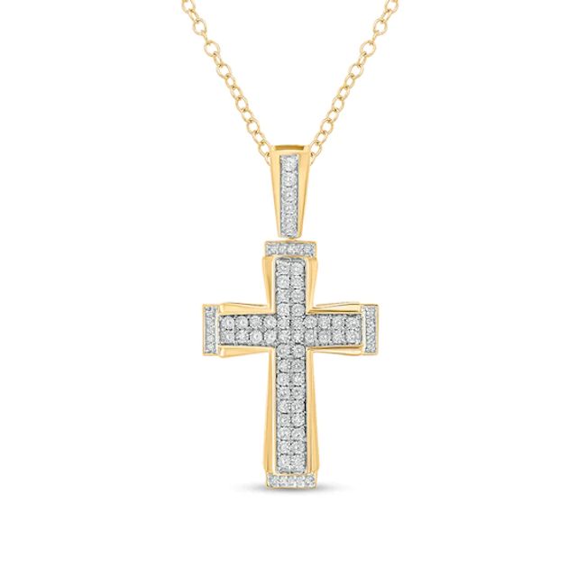 Men's 1/10 CT. T.w. Diamond Double Row Art Deco Cross Pendant in Sterling Silver with 14K Gold Plate