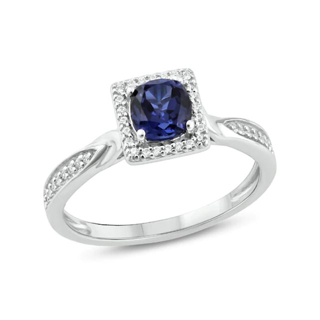 5.0mm Cushion-Cut Blue Lab-Created Sapphire and 1/8 CT. T.w. Diamond Frame Engagement Ring in Sterling Silver