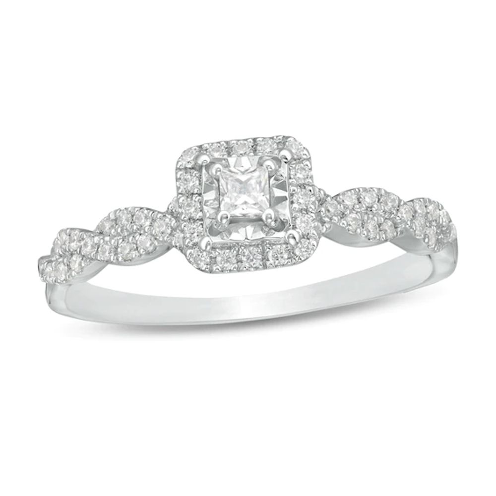 1/4 CT. T.w. Princess-Cut Diamond Cushion Frame Twist Shank Promise Ring in 10K White Gold