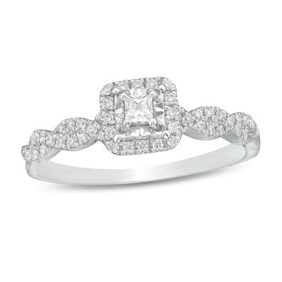 1/4 CT. T.w. Princess-Cut Diamond Cushion Frame Twist Shank Promise Ring in 10K White Gold