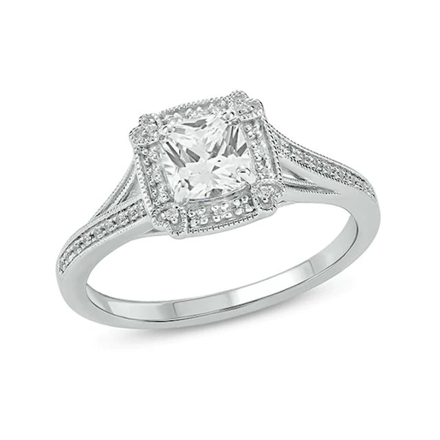 6.0mm Cushion-Shaped White Lab-Created Sapphire and 1/10 CT. T.w. Diamond Frame Engagement Ring in Sterling Silver