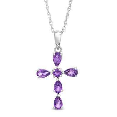 Pear-Shaped and Round Amethyst Cross Pendant in Sterling Silver
