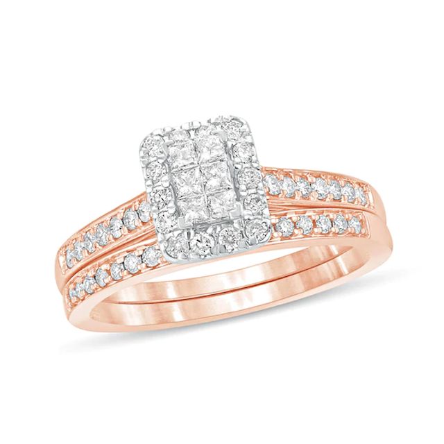 1/2 CT. T.w. Princess-Cut Composite Diamond Rectangle Frame Bridal Set in 10K Rose Gold