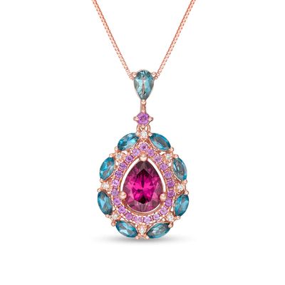 Captivating Color Pear-Shaped Rhodolite Garnet, Blue Topaz, Amethyst and Diamond Accent Drop Pendant in 14K Rose Gold