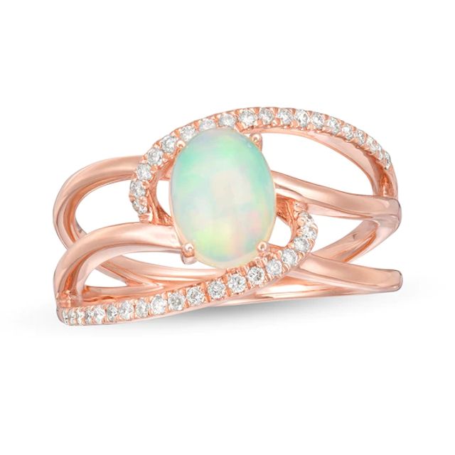 Oval Opal and 1/6 CT. T.w. Diamond Bypass Swirl Frame Triple Row Split Shank Ring in 10K Rose Gold