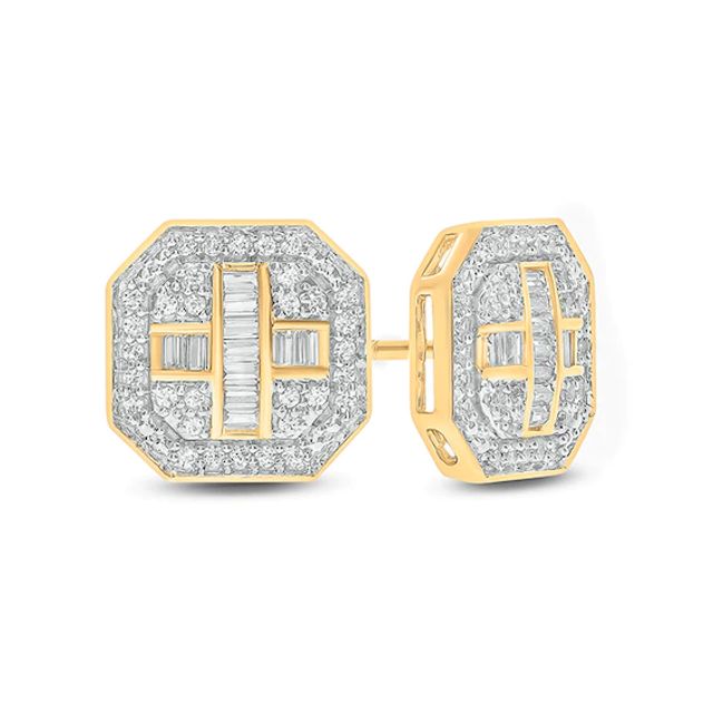 Men's 1/3 CT. T.w. Baguette and Round Composite Diamond Octagonal Frame Cross Stud Earrings in 10K Gold