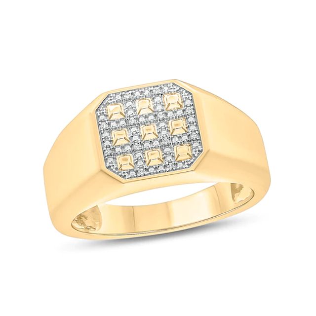 Men's Diamond Accent Grid Pattern Octagonal Signet Ring in Sterling Silver with 14K Gold Plate