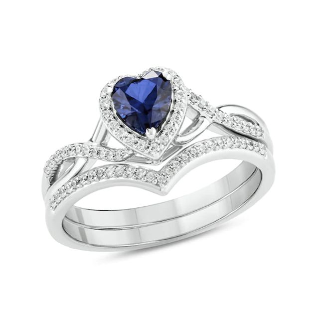 5.0mm Heart-Shaped Blue Lab-Created Sapphire and 1/8 CT. T.w. Diamond Frame Twist Shank Bridal Set in Sterling Silver