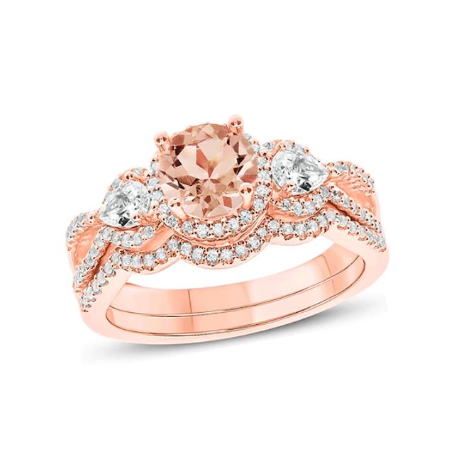 6.0mm Morganite, White Topaz and 1/3 CT. T.w. Diamond Frame Three Stone Bridal Set in 10K Rose Gold