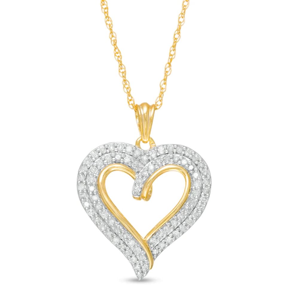 1/2 CT. T.w. Diamond Double Row Curly Heart Pendant in 10K Gold