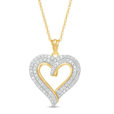 1/2 CT. T.w. Diamond Double Row Curly Heart Pendant in 10K Gold