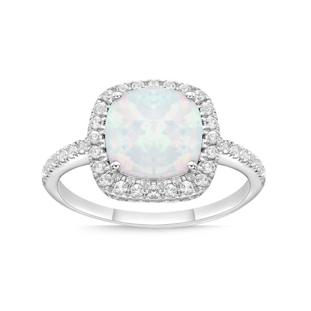 9.0mm Cushion-Cut Lab-Created Opal and White Sapphire Frame Ring in Sterling Silver