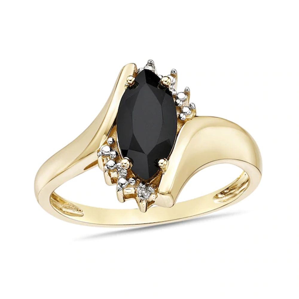 Marquise Black Onyx and Diamond Accent Beaded Starburst Border Bypass Ring in 10K Gold