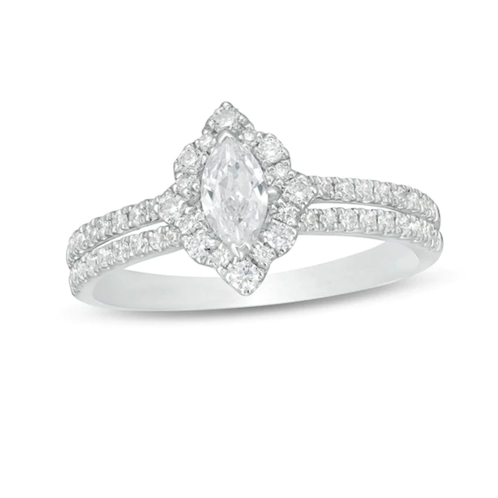 5/8 CT. T.w. Marquise Diamond Frame Split Shank Engagement Ring in 14K White Gold