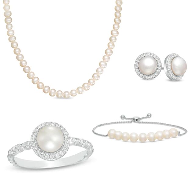 Cultured Freshwater Pearl and Lab-Created White Sapphire Necklace, Bracelet, Earrings and Ring Set in Sterling Silver