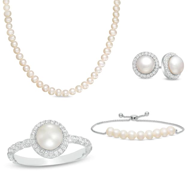 Freshwater Cultured Pearl and Lab-Created White Sapphire Necklace, Bracelet, Earrings and Ring Set in Sterling Silver