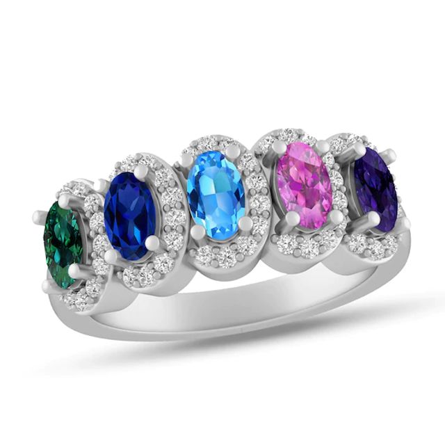 Mother's Oval Birthstone and Lab-Created White Sapphire Frame Ring (5 Stones)