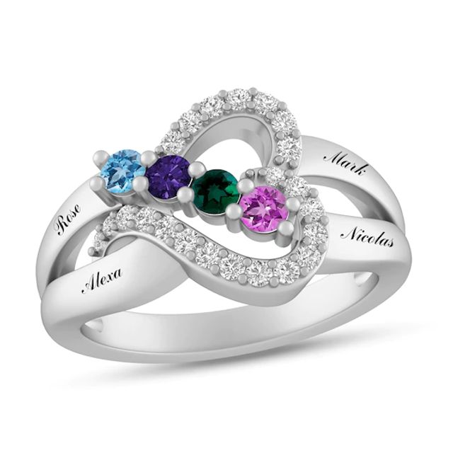 Birthstone and Lab-Created White Sapphire Sideways Heart Engravable Ring (2-4 Stones and Lines)